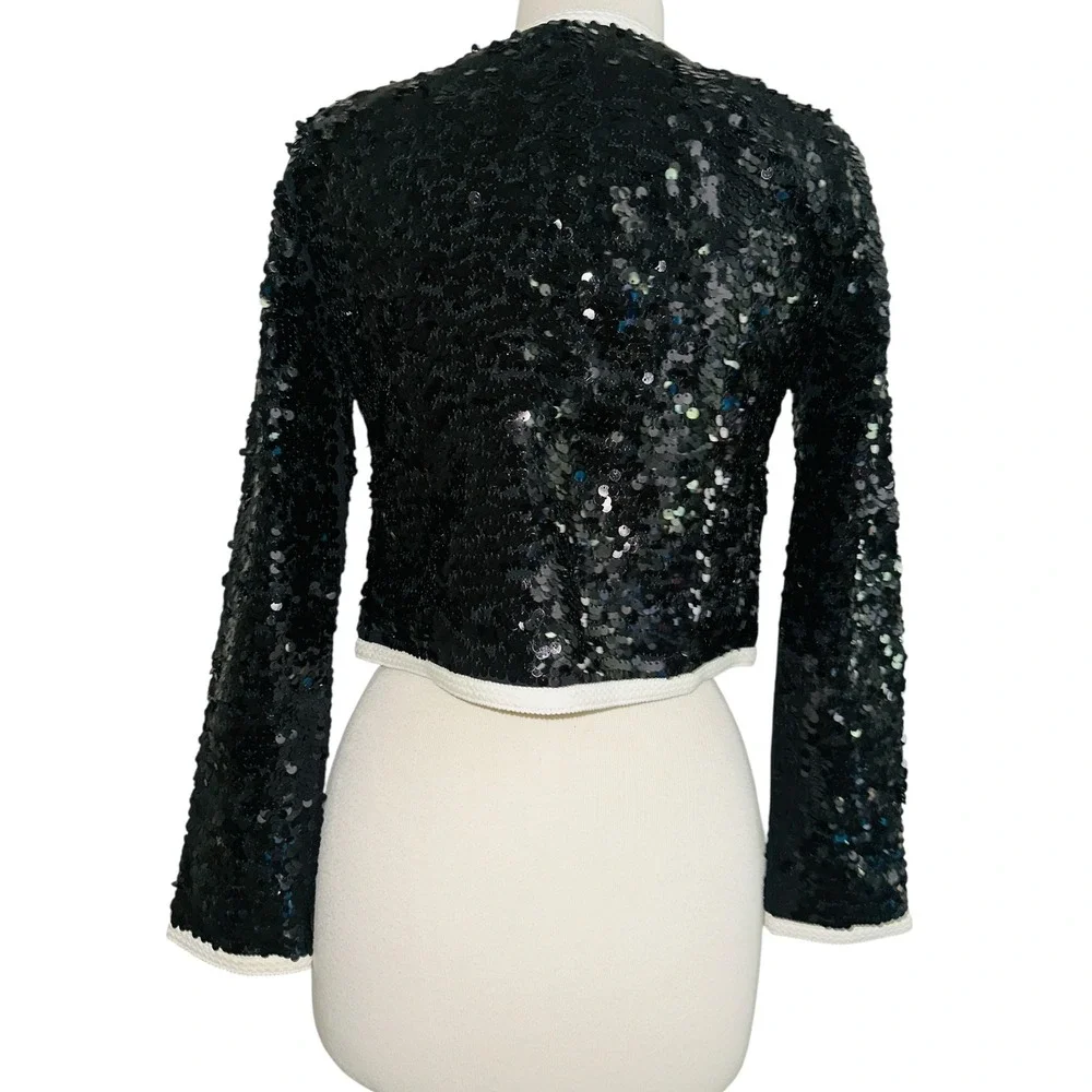 ND1 J. Crew Sequin Jacket Cropped Black‎ Gold Button White Trim Party Coat XS